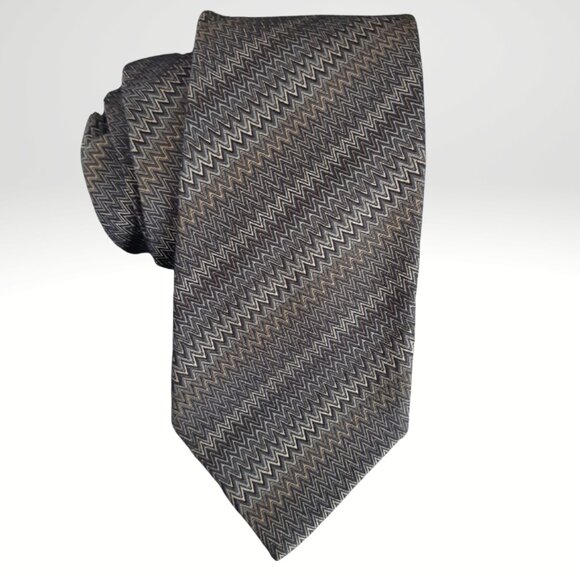 MISSONI 100% Silk Tie In Classic Zig Zag Pattern- Taupe & Grey - Picture 1 of 12